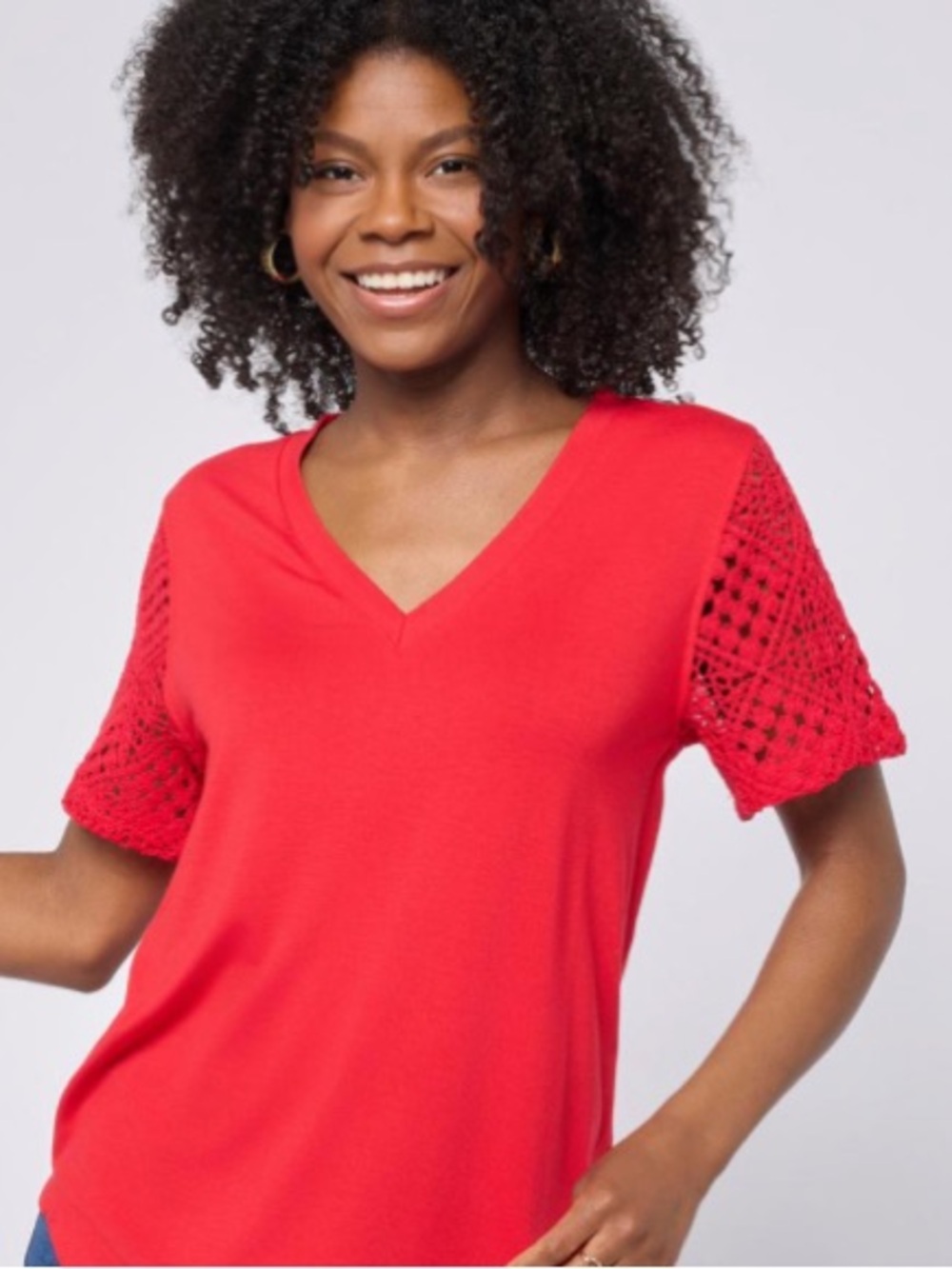 DG2 by Diane Gilman Crochet Lace V-Neck Tee, Size Small NWT